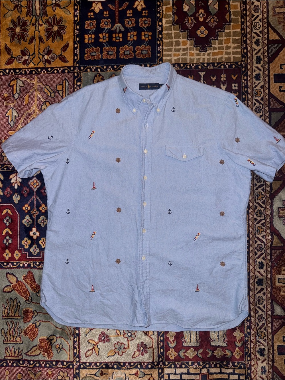 Ralph Lauren Light Blue Short-Sleeve Embroidered Button-Down Shirt